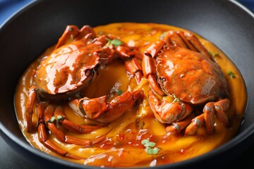 Delicious boiled crabs with sauce in bowl, closeup