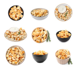 Delicious crispy croutons isolated on white, set