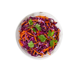 Tasty salad with red cabbage in bowl isolated on white, top view