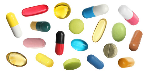 Many pills in different forms and colors isolated on white, collection