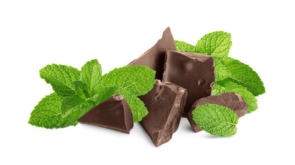 Milk chocolate chunks and mint leaves isolated on white