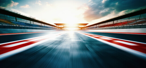Fototapeta premium F1 race track circuit road with motion blur and grandstand stadium for Formula One racing
