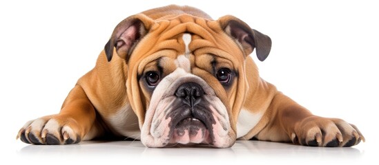 A charming bulldog rests in a photography studio peacefully positioned on a white backdrop