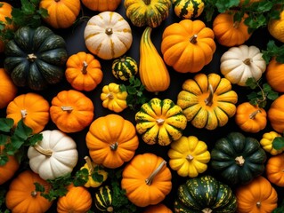AI generated illustration of arrangement of colorful squash and pumpkins