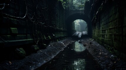 a dark, gloomy, dreary, ruined old tunnel. generative AI