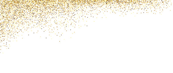 Golden glitter frame background. Sparkling small confetti corner wallpaper. Falling or splashed gold dots texture. Vector border or divider element for posters. Christmas, birthday decoration. Vector