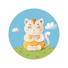 Cute cat buddhist meditating sitting on the grass. Vector illistration isolated on white background	