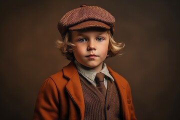 Portrait of a cute little boy in a brown coat and beret.