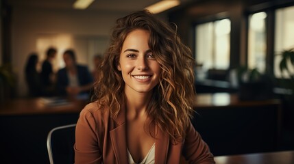 Potrait beautiful smiling business woman looking at camera, happy girl in creative office, successful career