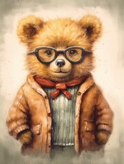 Vintage pencil drawing of a teddy bear dressed in a coat and scarf for the cold.