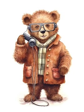 Vintage pencil drawing of a teddy bear dressed in a coat and scarf for the cold.