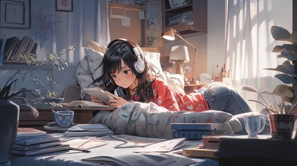 Manga-anime style illustration of a young woman in her bed with headphones on, resting and listening to music. - obrazy, fototapety, plakaty