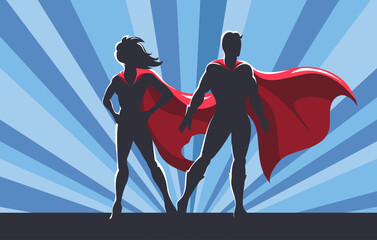 Male and female superhero couple - obrazy, fototapety, plakaty