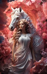 AI generated illustration of a woman in a white dress near a horse in a pink garden