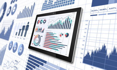 タブレットと円グラフや棒グラフの様々なビジネス資料、財務グラフ、金融チャート - obrazy, fototapety, plakaty