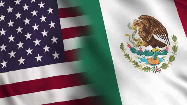 Diagonal waving Mexico and USA Combined Flag video background. Realistic Slow Motion Animation. 4K Loop Motion Graphics. Mexico and America Unity, border, Peace and Relationship Concept