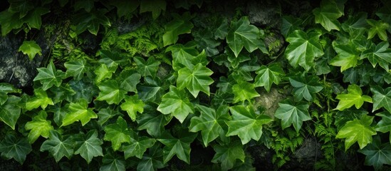 Sunlit close up of vibrant emerald ivy leaves and moss