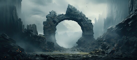 A mystical entrance destroyed within a hilly terrain and scenery covered in mist - obrazy, fototapety, plakaty