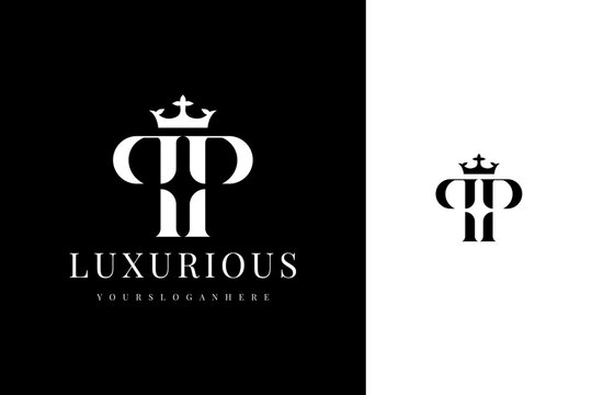 elegant simple minimal luxury serif font alphabet double letter p monogram logo design with crown