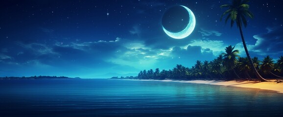 Ramadan concept - Crescent moon over the tropical sea at night "Elements of this image furnished - Powered by Adobe