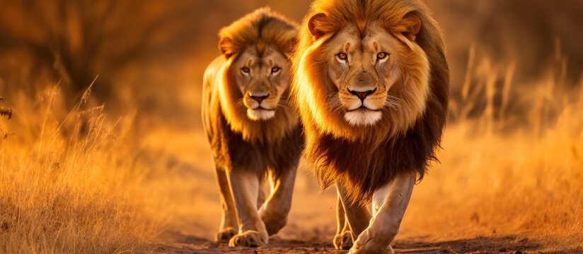 A duo of majestic lions are in search of a wildebeest group This captures a splendid depiction of wildlife The photographs were taken from a close proximity benefiting from impeccable light