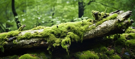 The fallen tree covered in moss is shown in a close up shot