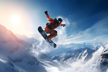 Snowboarder jumping in the air performing spectacular on snow mountain, extreme sport - obrazy, fototapety, plakaty