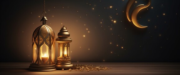 Ramadan kareem greeting card and islamic background, gold lantern and cresent moon illustration