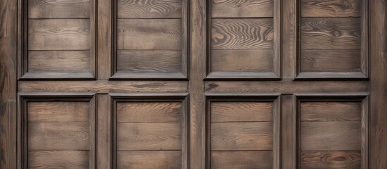 Symmetrical background of square tiles on a thick door made of gray brown wood exuding a solid texture