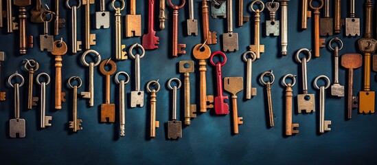 Numerous aged keys on a brighter cloth backdrop