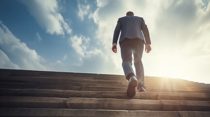 Ambitions concept with businessman climbing stairs - Personal development and career growth concepts. - obrazy, fototapety, plakaty