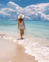 Fototapeta na wymiar Back view young happiness traveler woman wearing white dress and hat walking on beautiful sandy beach, tropical sea relax holiday vacation on summer time