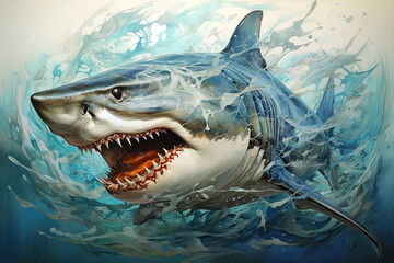 An angry big shark opens its mouth wide with sharp teeth. Undersea animals. Fish.