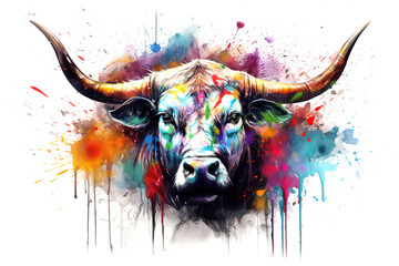 Painting of a bull head on white background. Wildlife Animals. - obrazy, fototapety, plakaty