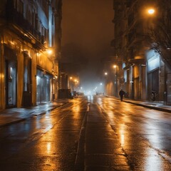 AI generated illustration of An urban cityscape featuring a wet street at night