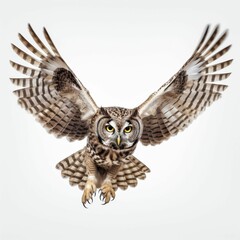 AI generated illustration of an owl in flight against a white backdrop, wings spread wide