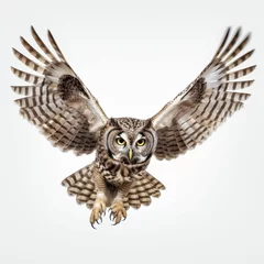 Foto op Plexiglas AI generated illustration of an owl in flight against a white backdrop, wings spread wide © Wirestock