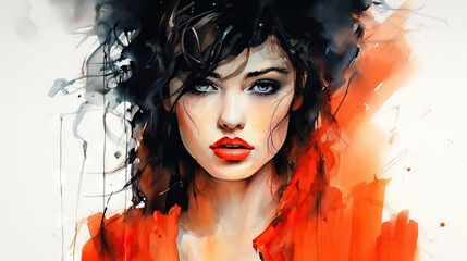 Portrait of a woman, watercolor, model, beauty, closeup, orange, black hair, makeup, iconic, fashion, fierce