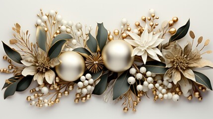 Gold, white and green decorations on winter wreath