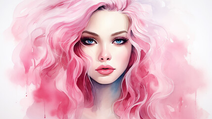 Portrait of a woman with long pink hair, watercolor, model, beauty, closeup, curly hair