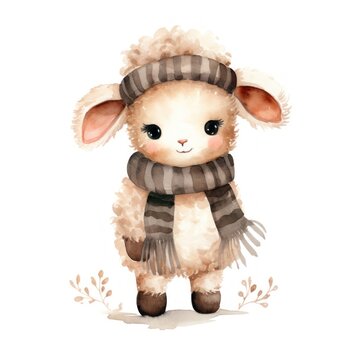 A cute Christmas Lamb watercolor illustration, Isolated on white background