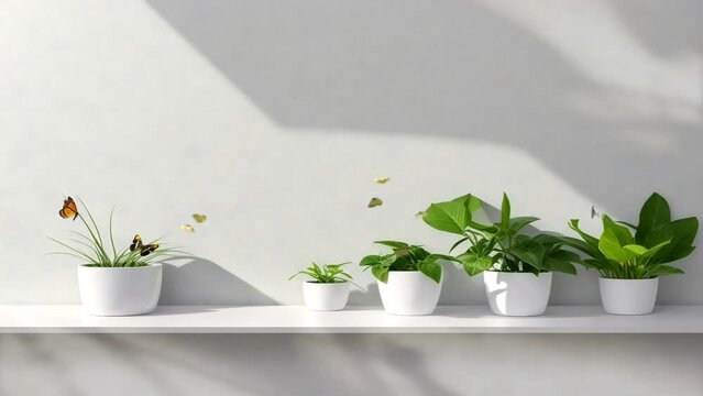 Mockup of a seamless loop shadow animation on a white wall with green plants. Virtual animation of home decoration with plants on abstract white wall background