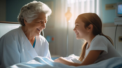 Obraz premium Girl visiting grandmother in hospital