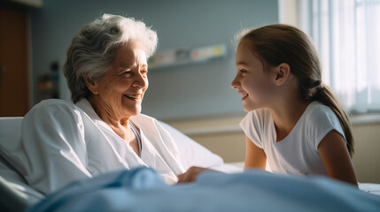 Girl visiting grandmother in hospital