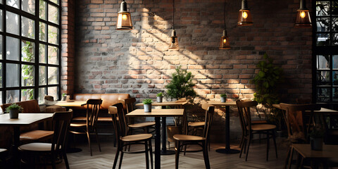 Dine in Style: Rustic Restaurant with Brick Wall and Vintage Decor,AI Generative  - obrazy, fototapety, plakaty