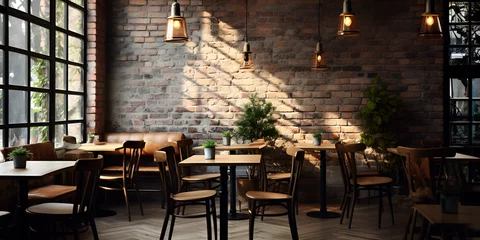 Fotobehang Dine in Style: Rustic Restaurant with Brick Wall and Vintage Decor,AI Generative  © aamir