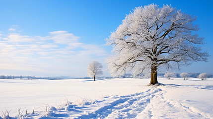 Fototapeta premium 冬の風景、空と雪の積もる木、自然の景色