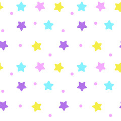 Cute baby stars on a white background. Children's or holiday background. Light colors. Flat style. Isolated. Seamless pattern. Background for paper, cover, fabric, textile, dishes, interior decor.