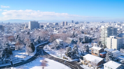 冬の都市、雪の街の風景、上空からの眺め
