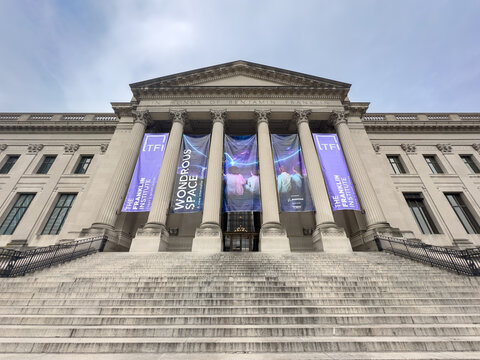 The Franklin Institute Wondrous Space exhibit banners outside entrance, Philadelphia, PA.